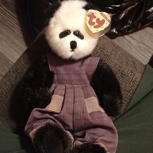 Ty Panda Plush in Purple Overalls